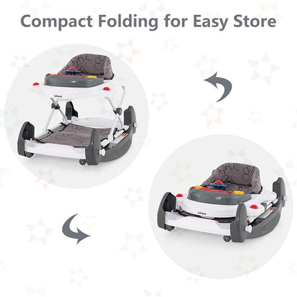 INFANS Baby Walker, 5 in 1 Behind Walker Learning Seated Rocker Bouncer with Removable Music Tray, Adjustable Height, Washable Seat Cushion, Foldable Activity Center for Toddlers (Grey)