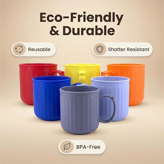 Plastic Coffee Mug with Handle set of 6, 13 oz Iced-Tea Cup Rainbow | BPA Free Reusable Food Grade PP, Unbreakable, Dishwasher Safe, Lightweight, Elderly Kid Safe, Kitchen Party Camping Outdoor