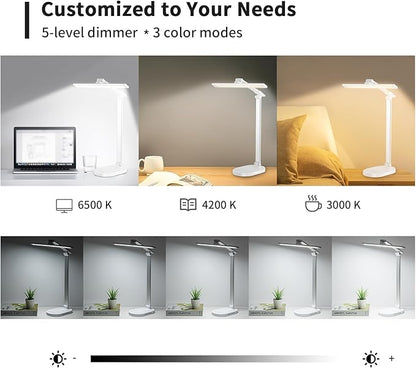 LED Desk Lamp, Dimmable Table Lamp Reading Lamp with USB Charging Port,5 Lighting Modes, Sensitive Control, 60 Minutes Auto-Off Timer, Eye-Caring Office Lamp(White)