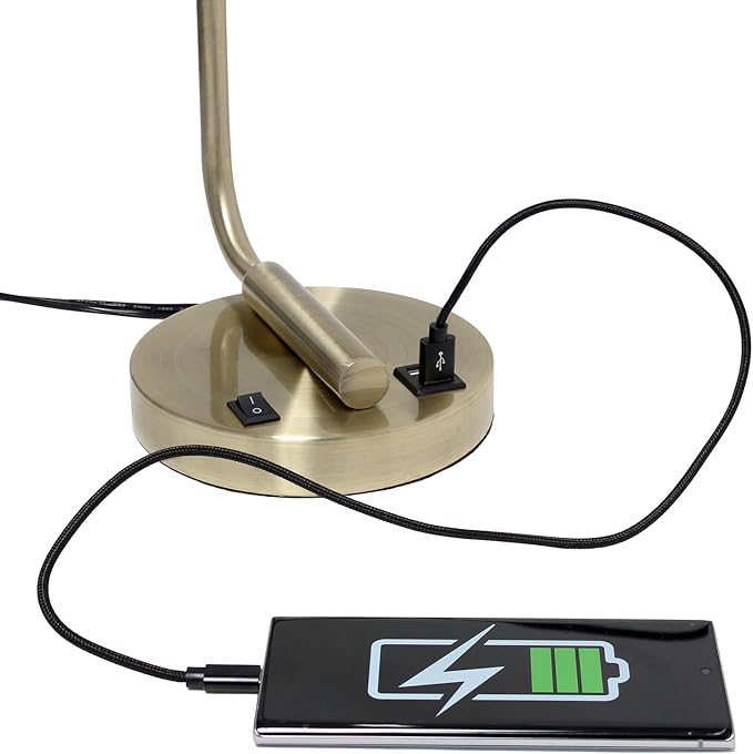 Simple Designs LD1066-ABS Bronson Antique Style Industrial Iron Lantern Desk Lamp with 2 Dual USB Ports and Glass Shade, Antique Brass