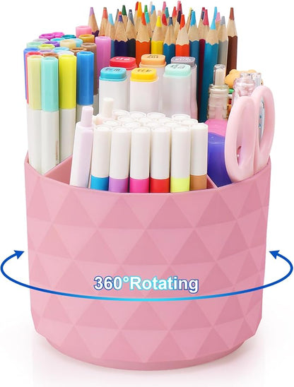 Desk Organizer, 360-Degree Rotating Pencil Pen Holders For Desk, Diamond Pattern Pen Organizer With 5 Compartments, Cute Desk Accessories Decor For Office, School,Home,Art Supply (Pink)