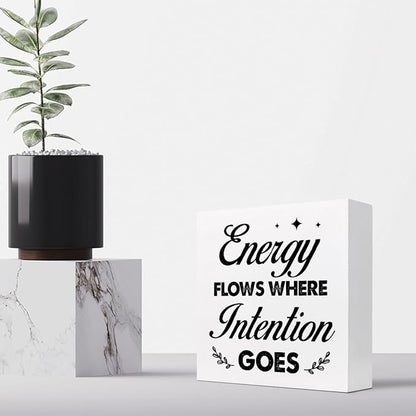 Energy Flows Where Intention Goes Wood Block Sign Desk Decor,Inspirational Wooden Box Plaque Sign Desk Decor for Home Office Cubicle Shelf Table Decor Decorations