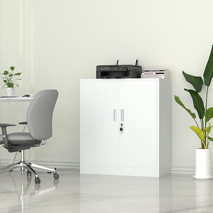 Metal Storage Cabinet with Locking Doors and 2 Adjustable Shelves, Small Lockable Steel Storage Cabinets for Home Office Garage Kitchen Pantry (White)