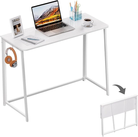 WOHOMO Folding Desk, 39.4" Foldable Computer Table for Small Spaces, White | Easy Assembly and Fold, Sturdy Home office desks for Study Bedroom Dorm Space Saving Writing Work Apartment