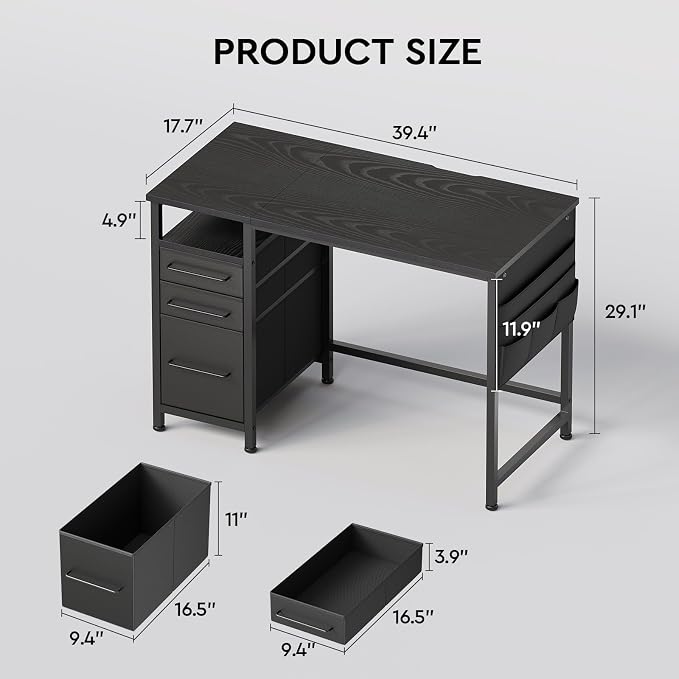 Maihail Small Desk with Drawers, Office Desk with Storage Shelves, Black | 40 Inch Desktop, Metal Frame, 3 Fabric Drawers, Storage Shelves, Computer & Writing Desk, Office Gaming Workstation