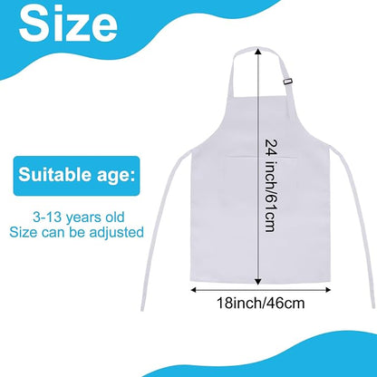 6 Pack Kids Apron bulk with 2 Pockets Adjustable Chef Art Apron Kids Painting Aprons for Cooking Baking Painting Crafting Grilling Activity（White）