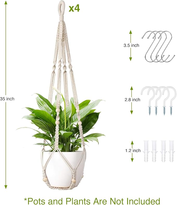 Macrame Plant Hanger Indoor Set of 4 with 8 Hooks, Indoor Outdoor Hanging Planter for Plants Holder with Decorative Wood Beads & No Tassels, Boho Home Decor, 35 Inch Ivory (Pots Not Included)