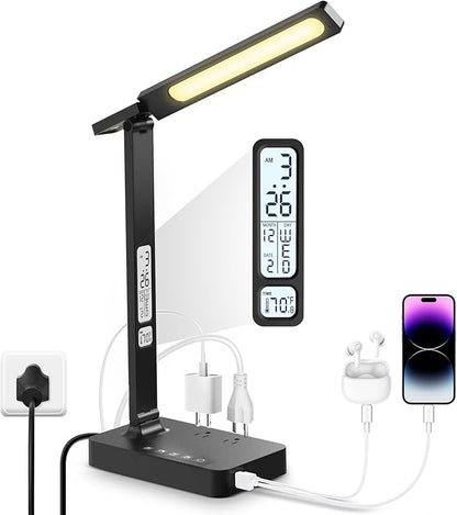 Desk Lamp with USB Charging Port: LED Eye-Caring Smart Table light for Home Office - 1 Type-C, 1 USB-A Charging Port, 2 AC Power Outlets.
