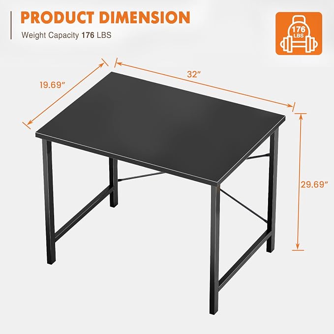 Sweetcrispy 32-Inch Small Computer Desk for Bedroom, Black | Gaming Writing Work and Study Desk for Home Office, Sturdy Metal Frame and Compact Modern Design with X-Shaped