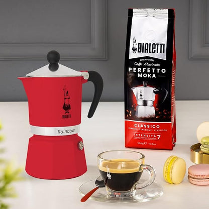 Bialetti Rainbow Moka Pot in Red, 3 Cup Stove Top Espresso Maker - Aluminum Cafetera for Ground Coffee, Italian Coffee Maker for Home Brewing
