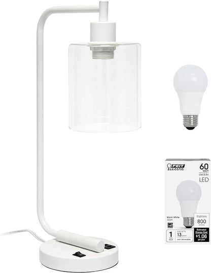 Simple Designs LD1066-WHT-LB Industrial Vintage Bronson Iron Lantern Desk Table Lamp with USB Port and Glass Cylinder Shade for Office, Living Room, Bedroom, White, with Feit LED Bulb Included