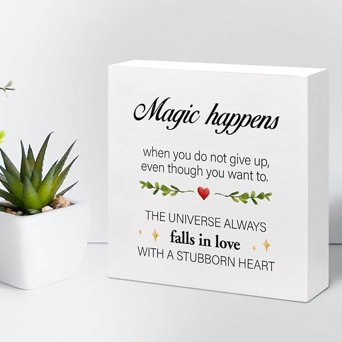 Inspirational Wood Sign,Magic Happens When You Do not Give Up Wood Block Sign Desk Decor,Motivational Sign Wooden Box Plaque Sign for Home College Office Shelf Table Decor Decorations