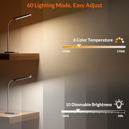 LED Desk Lamp, 12W Reading Desk Lamp for Office Home with 60 Lighting Modes, Touch Control & Timer Function, 750LM Bright Eye-Caring Gooseneck Desk Light Table Lamp for Study, Work, Silver