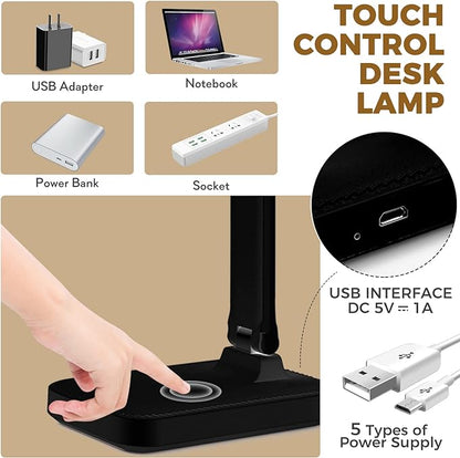 LED Desk Lamp with Touch Control, Reading Lamp No Flicker, 3 Color Modes, Foldable Table Lamp, Eye Caring Reading Light for Office, Home, Dormitory, USB Interface DC5V 1A(Black)