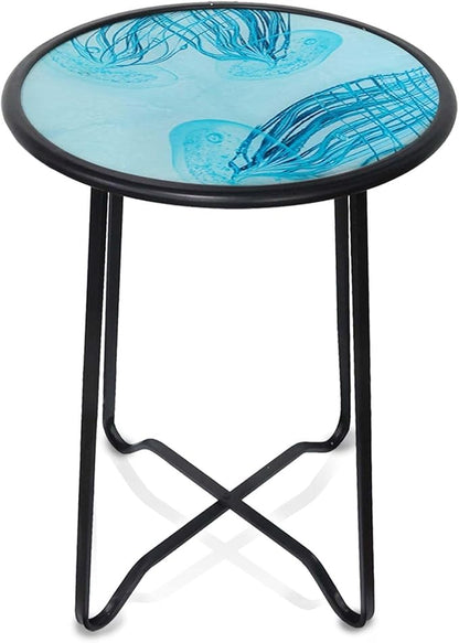 LIFFY Outdoor Side Table,14" Indoor Outdoor Round Glass Tabletop Accent Table with Metal Frame, Decorative Plant Stand & End Table for Home, Patio, Garden