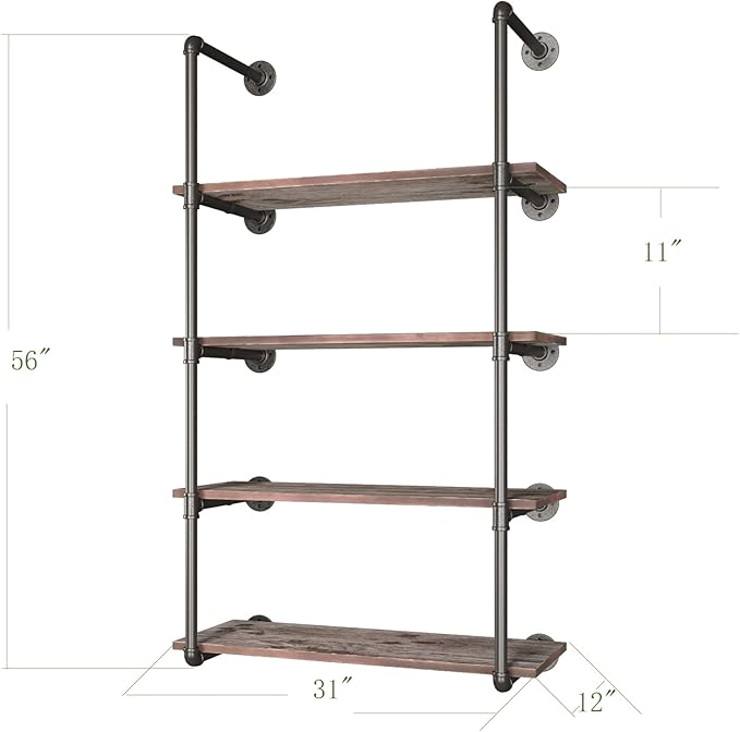Yuanshikj (56" Tall Industrial Pipe with 31" Solid Wood Shelf/Shevles/Shelving Bookshelf/Bookcase Metal Iron Pipe Rustic Open DIY Display Wall Mounted for Living/Bed/Office Room Decor Storage