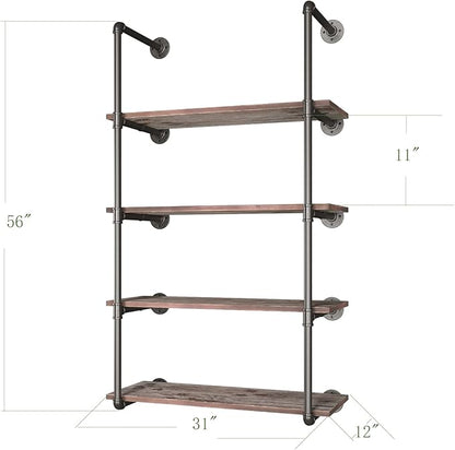 Yuanshikj (56" Tall Industrial Pipe with 31" Solid Wood Shelf/Shevles/Shelving Bookshelf/Bookcase Metal Iron Pipe Rustic Open DIY Display Wall Mounted for Living/Bed/Office Room Decor Storage