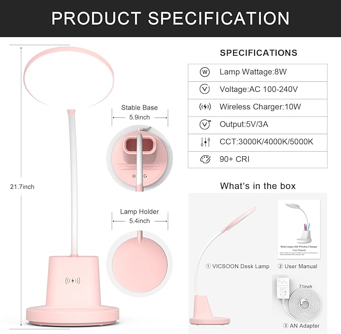LED Desk Lamp with Wireless Charger for Home Office, Small with Pen Holder, 800LM,3 Color Modes,Gooseneck, Eye-Caring White Desk Lamps for Home College Dorm Room,Pink