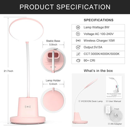 LED Desk Lamp with Wireless Charger for Home Office, Small with Pen Holder, 800LM,3 Color Modes,Gooseneck, Eye-Caring White Desk Lamps for Home College Dorm Room,Pink