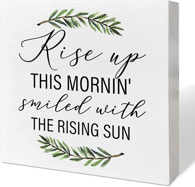 Home Office Desk Wooden Box Sign Decor, Rise Up This Mornin' Smiled with The Rising Sun, Inspirational Quotes Desk Decor Motivational Desk Decorations for Women Men Student Office Classroom School