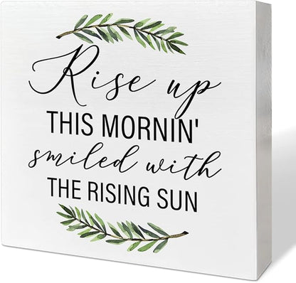 Home Office Desk Wooden Box Sign Decor, Rise Up This Mornin' Smiled with The Rising Sun, Inspirational Quotes Desk Decor Motivational Desk Decorations for Women Men Student Office Classroom School