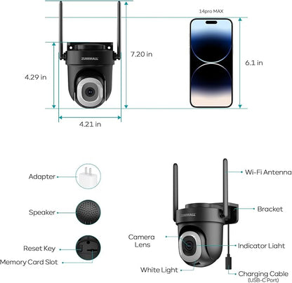 ZUMIMALL 2.5K Wired Cameras for Home Security, 2.4G/5G WiFi Outdoor Camera, 5MP, 24/7 Recording,AI Motion Detection, Cloud & SD Card Storage, 2-Way Audio, 360° PTZ Auto Tracking, IP66-2-Pack (Black)