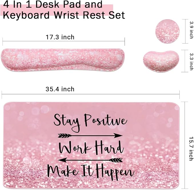 Large Mouse Pad and Keyboard Wrist Rest, Desk Pad for Keyboard and Mouse, 4-in-1 Large Gaming Mouse Pad with Wrist Support, Desk Mat for Home Office Study Game-Pink Stay Positive