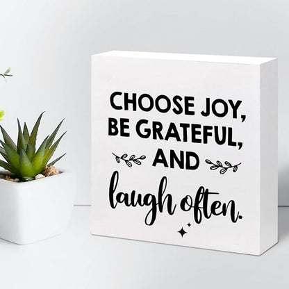 Inspirational Wood Box Sign Desk Decor,Choose Joy Be Grateful and Laugh Often Wood Plaque Signs,Rustic Positive Wooden Block Sign Decor for Office Workplace Classroom Shelf Table Decoration C1078