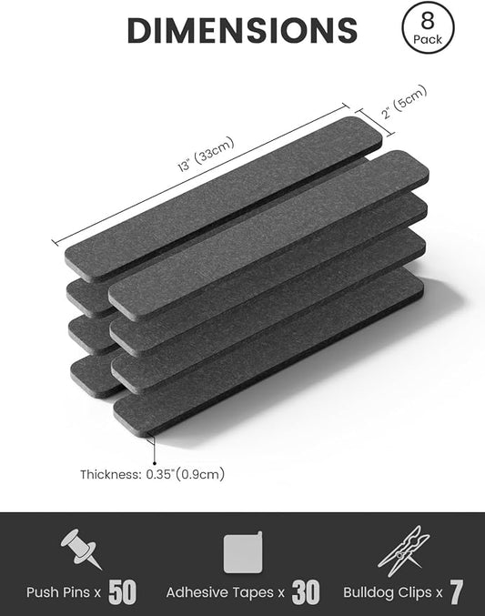 Fluxynara 13" x 2" Felt Wall Panels, Charcoal Gray | 8-Pack Includes 50 Push Pins and Adhesive Tabs for Photos, Notes and Decor in Bedroom Doors, Home Office or Studios