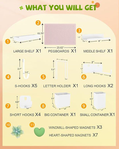 Metal Pegboard Kit — Carbon Steel Pegboards with 26 Accessories, Pegboard Wall Organizer for Home, Office, Study Room, Kitchen, Craft Room & Gaming Setup— 24″ × 16″ Pink Peg Board