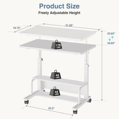 DUMOS Rolling Desk, Storage Shelves, Laptop Table, Home Office | Height Adjustable Design, Computer Desks on Wheels, Portable for Small Spaces Use, White