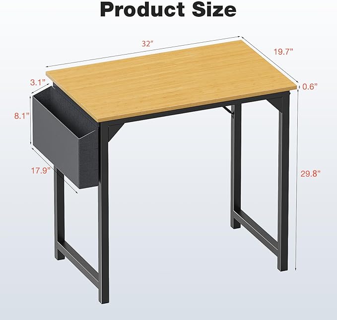 OLIXIS Computer Small Desk 32 Inch Home Office Writing Study Work Storage Bag Headphone Hooks Simple Wood Kids Student Table, Modern Nature