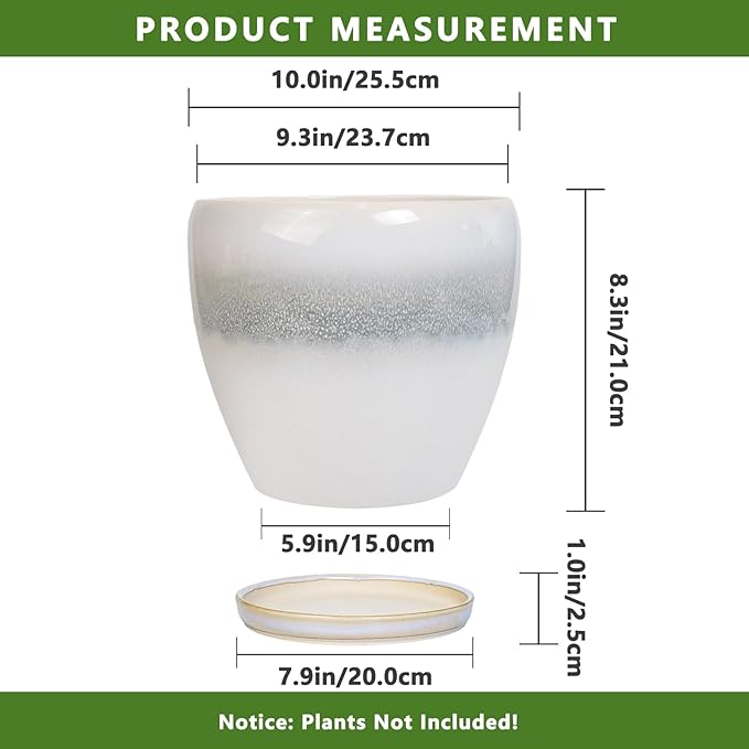Ceramic Planter - 10 Inch Plant Pot with Drainage Hole and Plant Saucer, Round Decorative Large Flower Pots Indoor Outdoor, Home Patio Porch Room Decor, Birthday Gifts, White-Grey