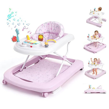 Baby Walker with Wheels, 5-in-1 Foldable Push Walker for Baby Girls 6-12 Months, Baby Walker & Bouncer Combo, Adjustable Height, Music Light Infant Activity Center Bouncer Walker(Pink)