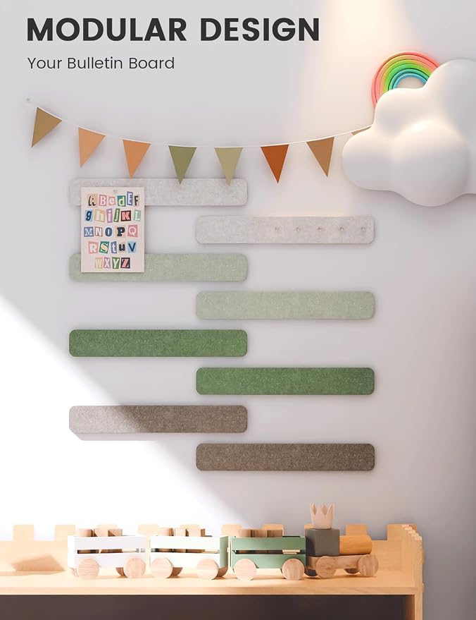 Fluxynara 13" x 2" Felt Wall Panels, Moss Haven | 8-Pack Includes 50 Push Pins and Adhesive Tabs for Photos, Notes and Decor in Bedroom Doors, Home Office or Studios