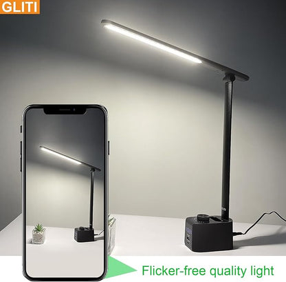 LED Office Desk Lamp, 630 Lumens Bright Table Lamp with Clock Display.A+C USB Fast Charging Charging Port, Desk Light for Office, Industrial Painting, Crafts (with Adapter)