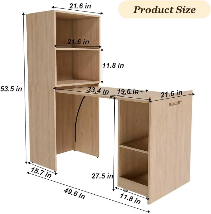 Folding Out Desk with Storage Shelves, Convertible Murphy Table, Expandable Hidden Computer Desks, Pull Out Home Office Desk with Mobile Wheels, Hidden Writing Desks for Small Spaces (Natural Wood)