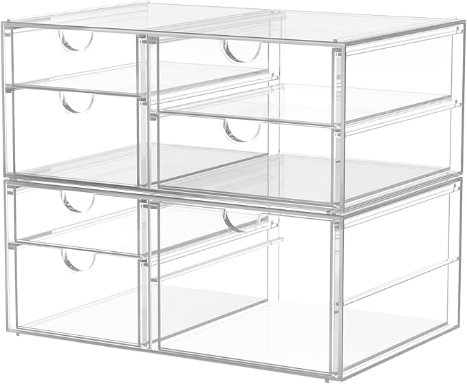caktraie Acrylic 2-Pack 7-Drawer Makeup & Storage Organizer for Bath,Desk | Smooth-glide drawers, clear body, dustproof, wipe clean, for office supplies, pens, rings, earrings, tweezers, cotton swabs