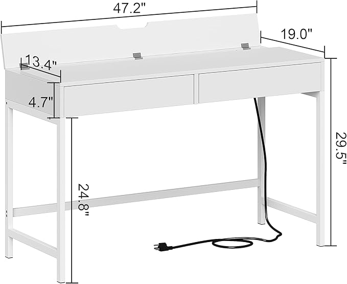 Treocho Computer Desk with USB Charging Ports and Power Outlets, Modern Simple 47 inch White Desk with 2 Drawers, Vanity Desk, Makeup Table for Home Office, Bedroom