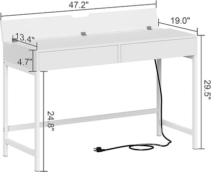 Treocho Computer Desk with USB Charging Ports and Power Outlets, Modern Simple 47 inch White Desk with 2 Drawers, Vanity Desk, Makeup Table for Home Office, Bedroom
