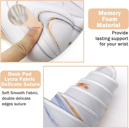 Keyboard Wrist Rest Large Mouse Pad Wrist Support for Computer, 4 in 1 Memory Foam Keyboard Pad Desk Mat Ergonomic Hand Rest Wrist Cushion for Home Office Gaming-White Marble
