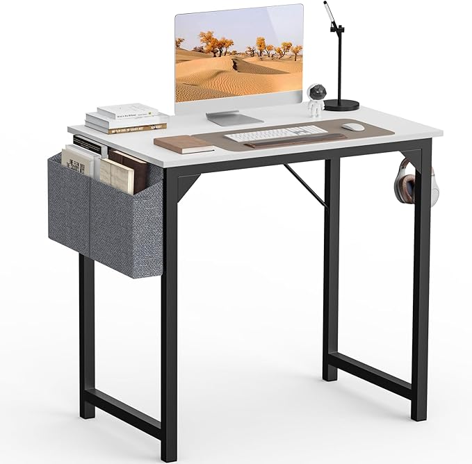 SMUG Computer Desk 32 Inch Home Office Writing Wood Storage Bag & Headphone Hook Small Spaces Simple Bedroom Work Study Kids Table, White