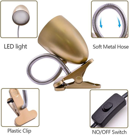 Energetic Clip on Lamp for Bed, Non-Dimmable Reading Light for Bed and Desk, 4000K Cool White, 3.5W 240 LM Flexible Gooseneck lamp, Eye Protection, ETL Listed, Gold