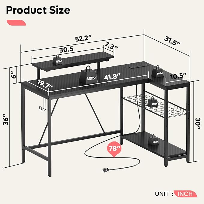Bestier 52-Inch L-Shaped Gaming Desk with Charging & LED, Black | Charging 3AC+2USB, RGB LED 20 Colors/22 Modes, Reversible Shelves, Carbon Fiber Texture, Headphone Hook, 52 in
