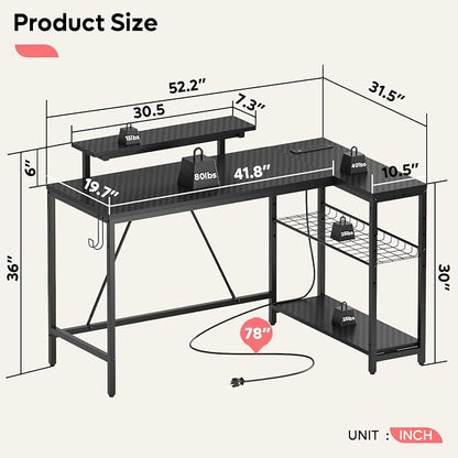 Bestier 52-Inch L-Shaped Gaming Desk with Charging & LED, Black | Charging 3AC+2USB, RGB LED 20 Colors/22 Modes, Reversible Shelves, Carbon Fiber Texture, Headphone Hook, 52 in