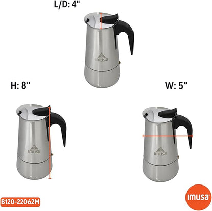 IMUSA USA B120-22062M Stainless Steel Stovetop Espresso Coffeemaker 6-Cup, Silver | Mirror-Polished Finish, Cool-Touch Handle and Flip-Up Top, Works on Gas, Ceramic, And Electric Stovetops