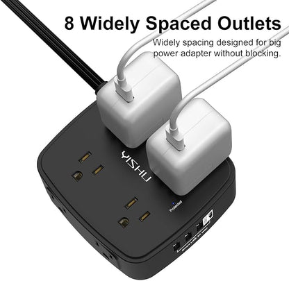 6 Ft Surge Protector Power Strip - YISHU 8 Widely Outlets with 4 USB Ports, 3 Side Outlet Extender with 6 Feet Flat Extension Cord, Ultra Flat Plug, Wall Mount, Desk USB Charging Station, ETL, Black
