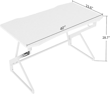 CubiCubi Simple Gaming Desk Z Shaped 40 inch Gamer Workstation, Home Computer Carbon Fiber Surface Gaming Desk PC Table with Headphone Hook, White