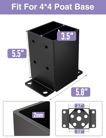 2 PCS Metal 4×4 Post Base, Inner Size 3.5"x3.5" | Heavy Duty Post Bracket, Anti-Corrosive Partition, Powder-Coated, For Pavilion Deck Railing Support