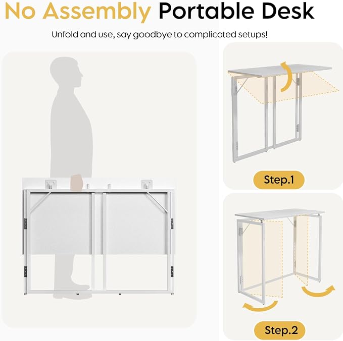 alawooder 39.4" Folding Desk: No Assembly, Wood Top for Small Spaces | 39.4 in dual-monitor workspace, holds 150 lbs, folds flat to 2.3 in, splash-proof top, home office or gaming